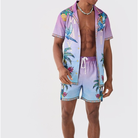 New boohoo MAN SHORT SLEEVE SATIN OMBRE PALM SHIRT & SHORT - Picture 1 of 6
